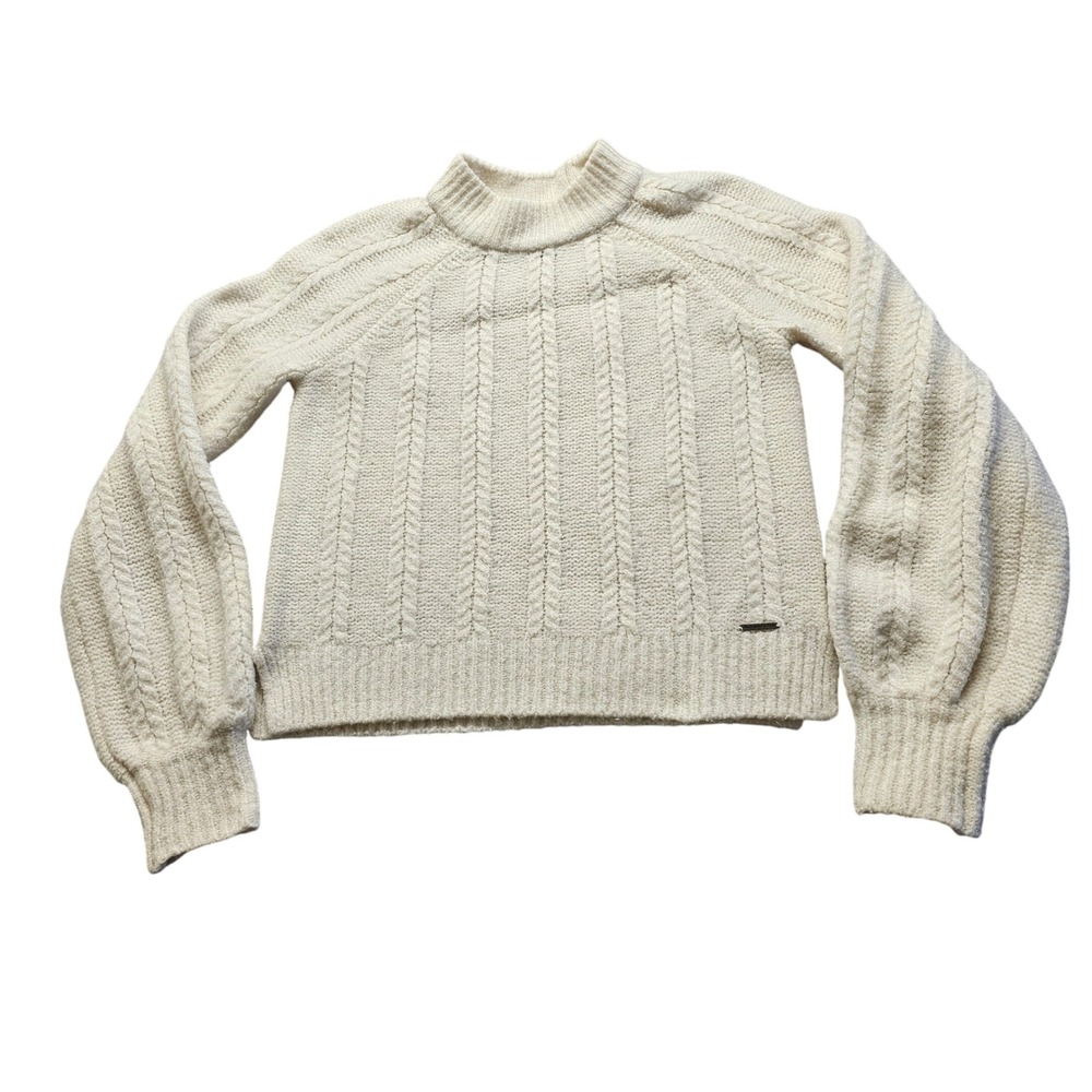 Abercrombie & Fitch Cable Knit Mock Neck Sweater Womens S Cream Balloon Sleeve